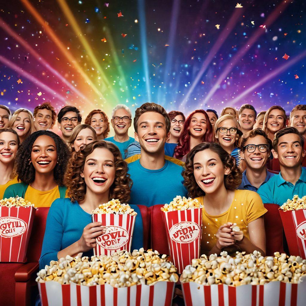 A vibrant movie theater filled with colorful posters of joyful and complimentary films, patrons smiling and sharing popcorn, beams of light illuminating the cinema, whimsical accents like a film reel and confetti in the background. super-realistic. vibrant colors. 3D.