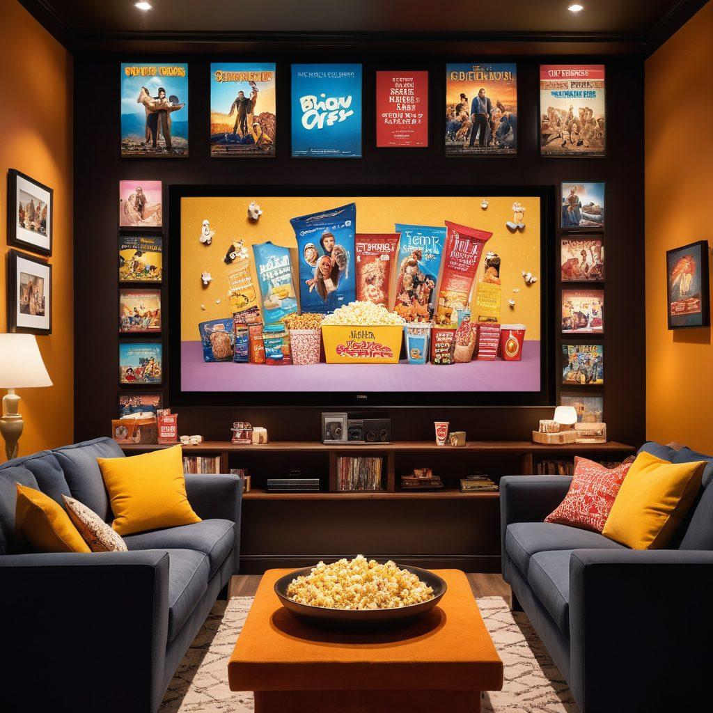 A cozy home theater scene with a large screen displaying vibrant blockbuster movie scenes, plush seating adorned with popcorn and snacks, warm lighting that creates a welcoming atmosphere. Friends laughing and enjoying the experience together, walls decorated with iconic movie posters. super-realistic. vibrant colors. cozy ambiance.